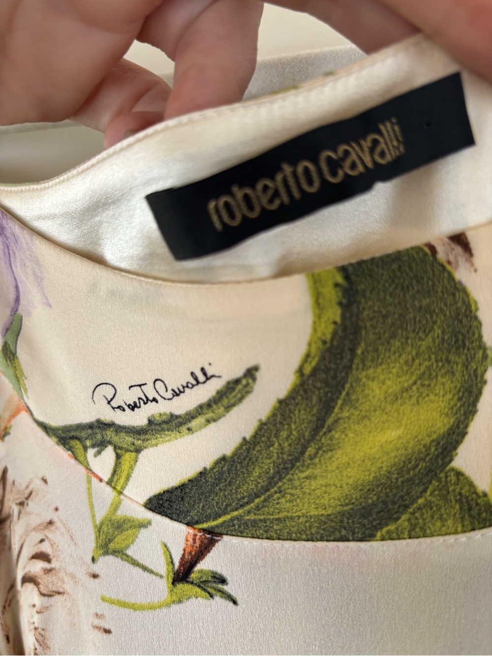 Roberto Cavalli Floral Silk Skirt in Cream and Green